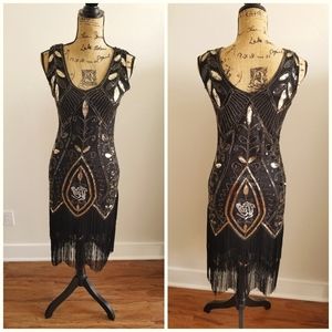 Black+Gold Embroidered Flapper Dress